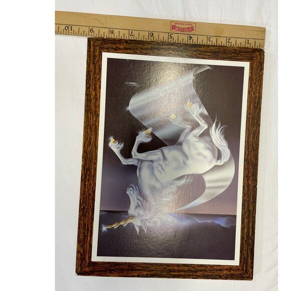 Vintage 1980s Unicorn Fantasy Art Print On Press Board White Horse Ferraro - Picture 10 of 10